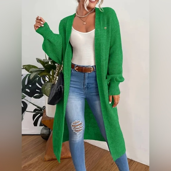 Green Duster Cardigan Front Pockets Cable Knit Long Sleeve Midi Length Last One! - Picture 2 of 6